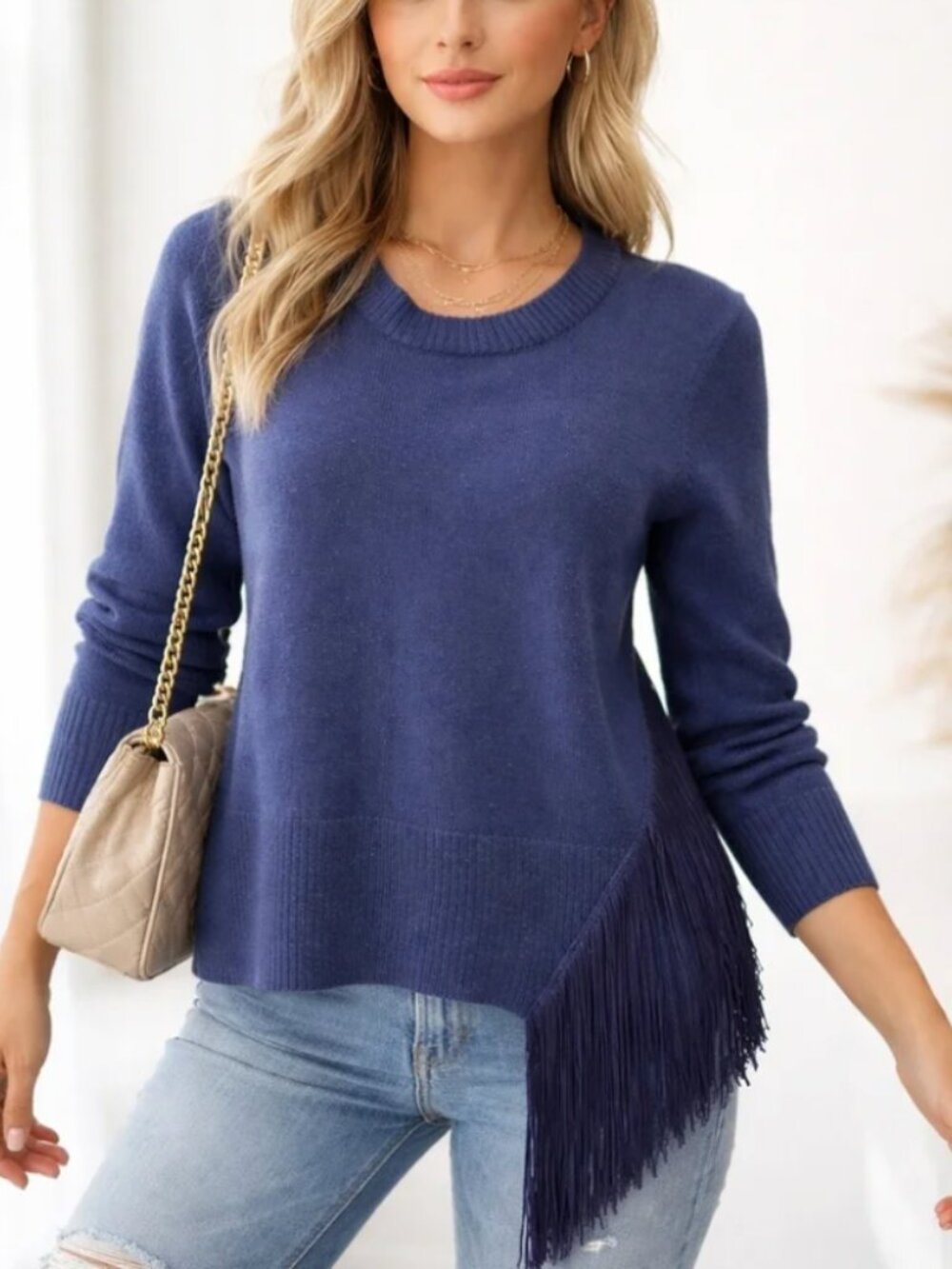 $295 Milly Blue Knit Fringe Wool Sweater Top size Medium